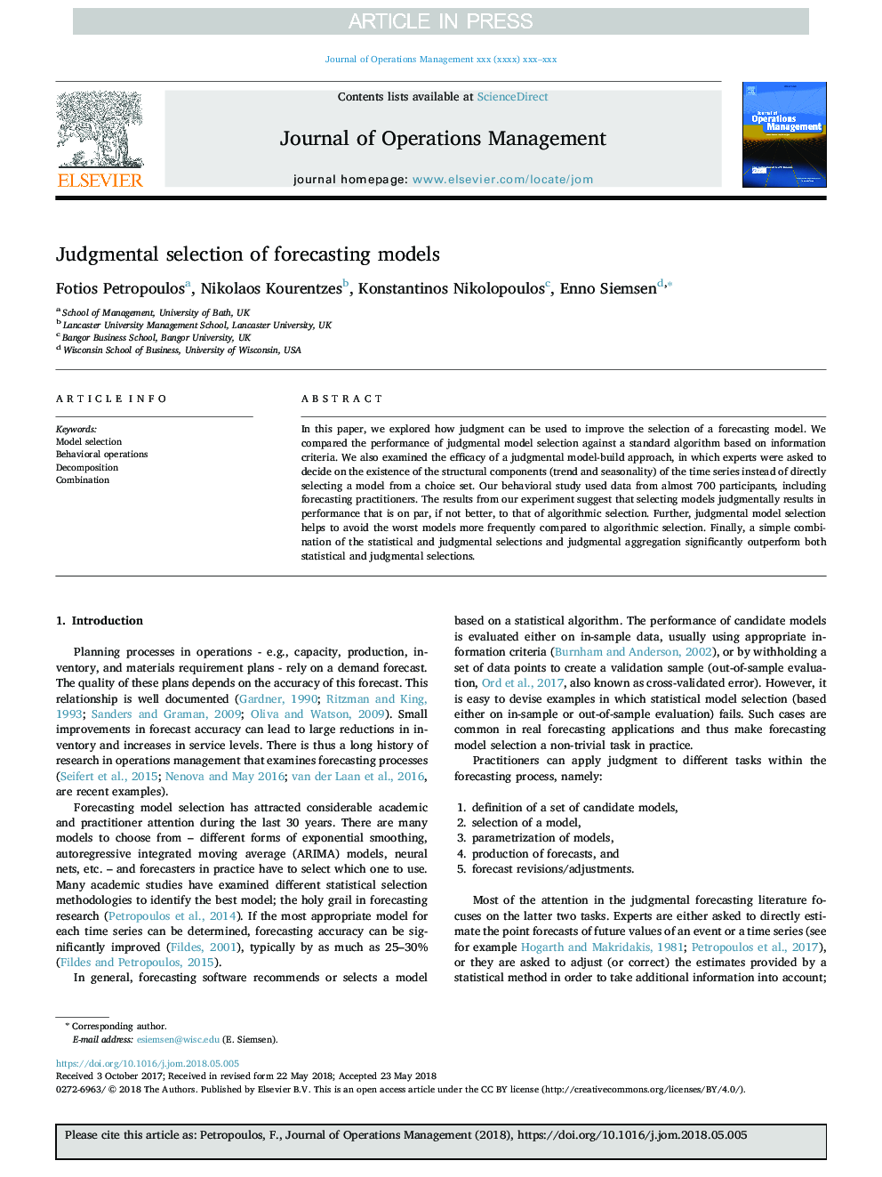 Judgmental selection of forecasting models