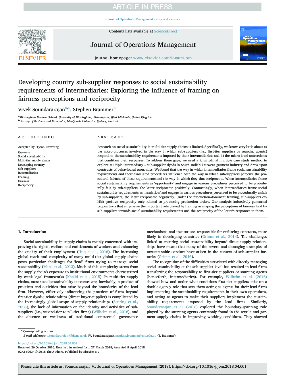 Developing country sub-supplier responses to social sustainability requirements of intermediaries: Exploring the influence of framing on fairness perceptions and reciprocity