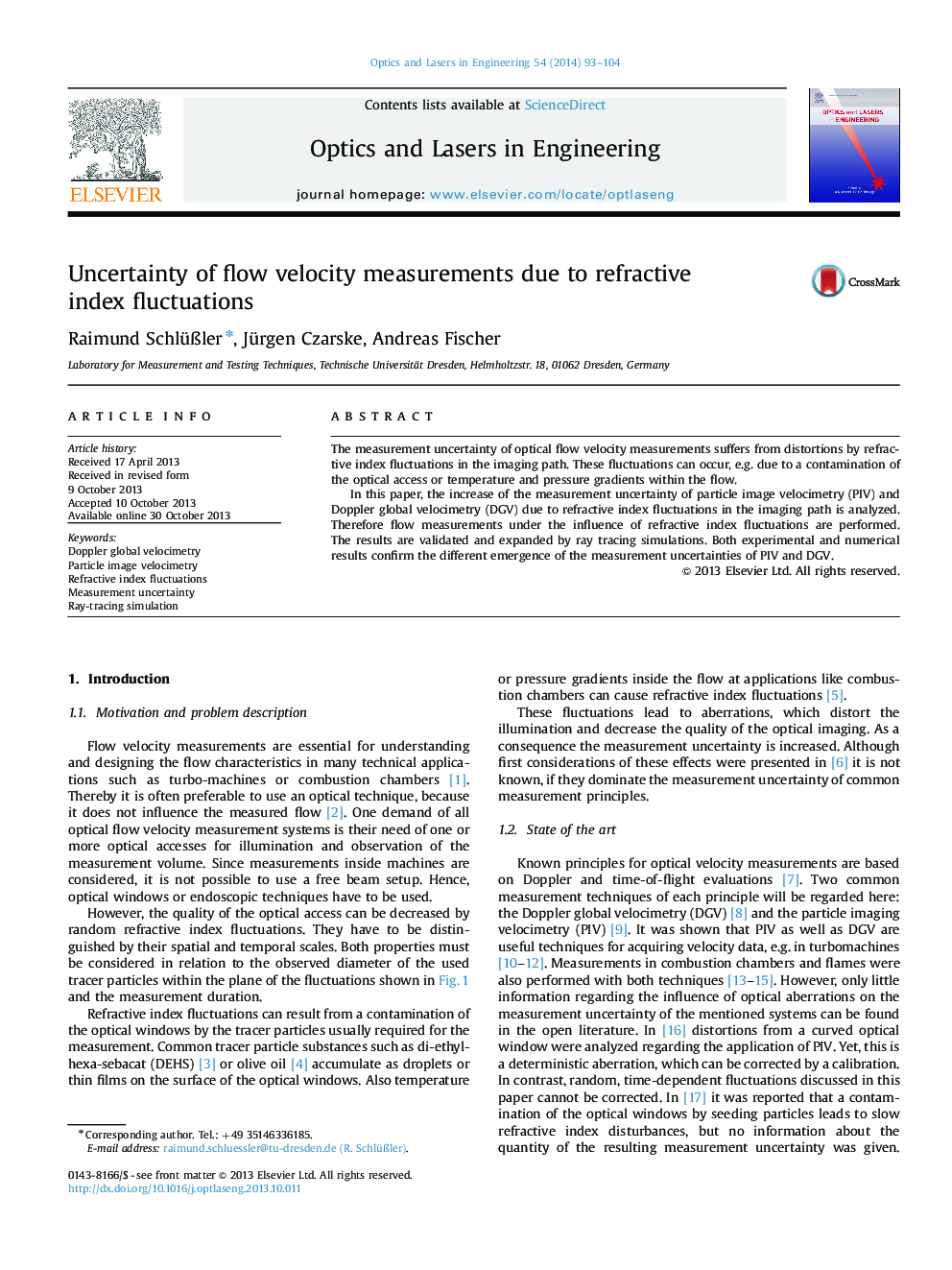 Uncertainty of flow velocity measurements due to refractive index fluctuations