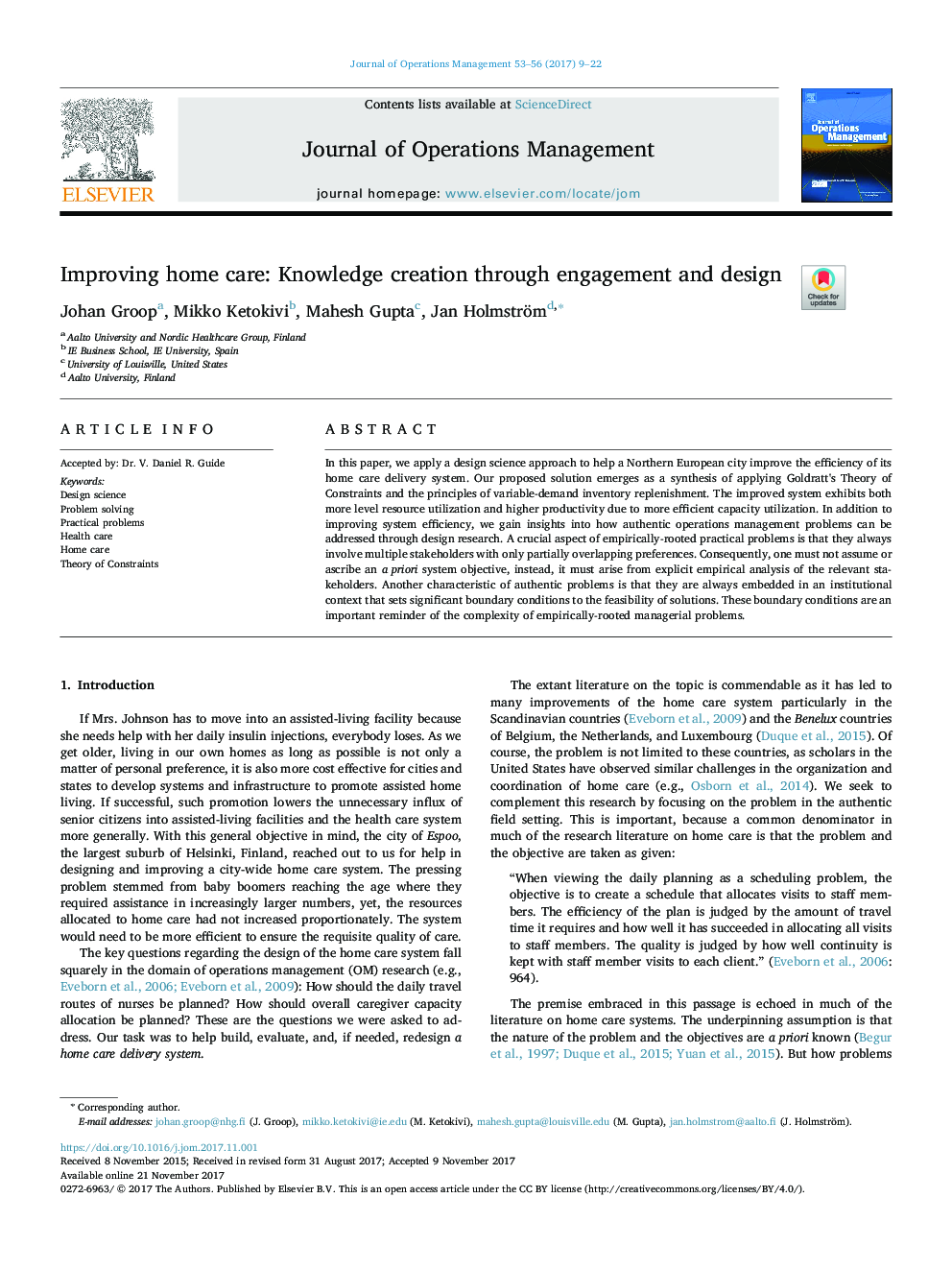 Improving home care: Knowledge creation through engagement and design