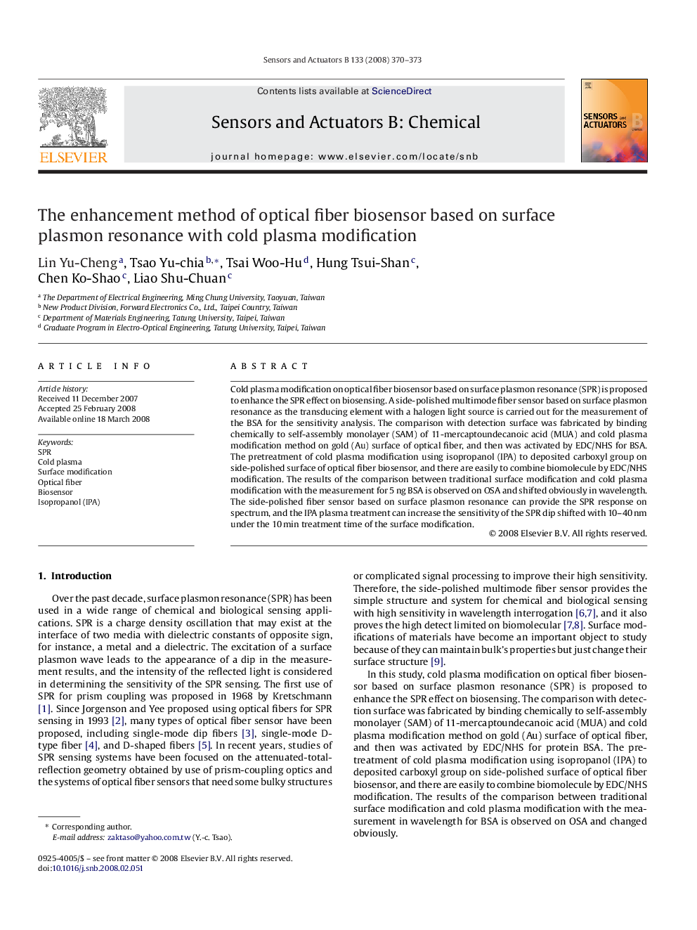 The enhancement method of optical fiber biosensor based on surface plasmon resonance with cold plasma modification