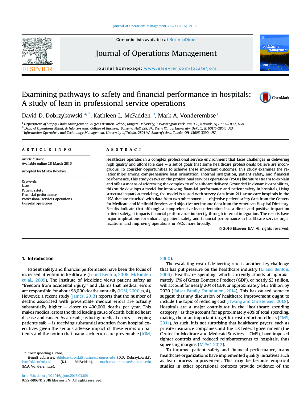 Examining pathways to safety and financial performance in hospitals: A study of lean in professional service operations