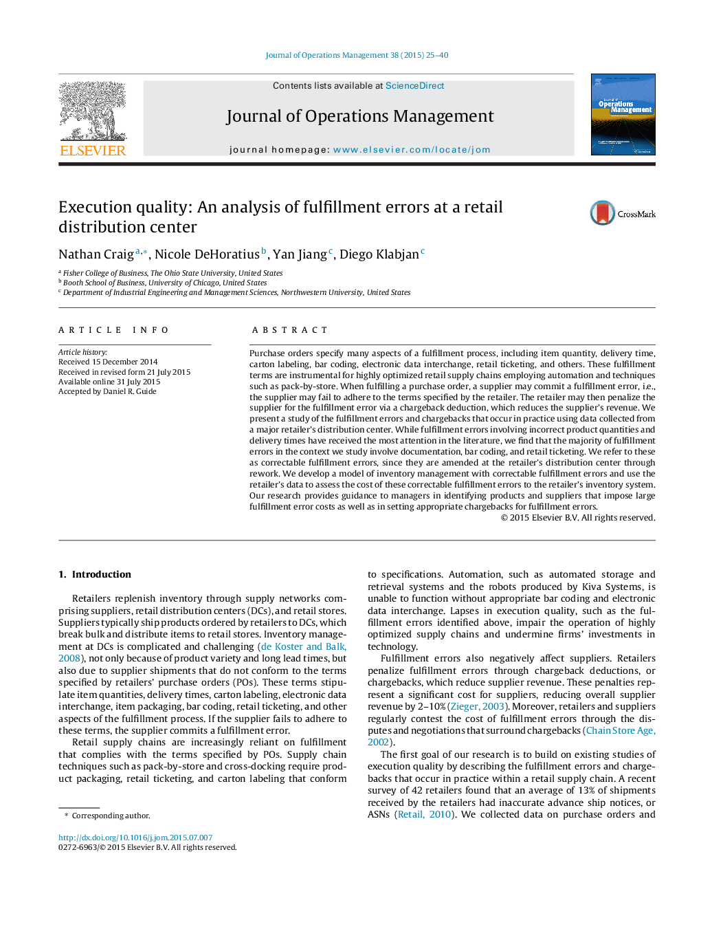 Execution quality: An analysis of fulfillment errors at a retail distribution center