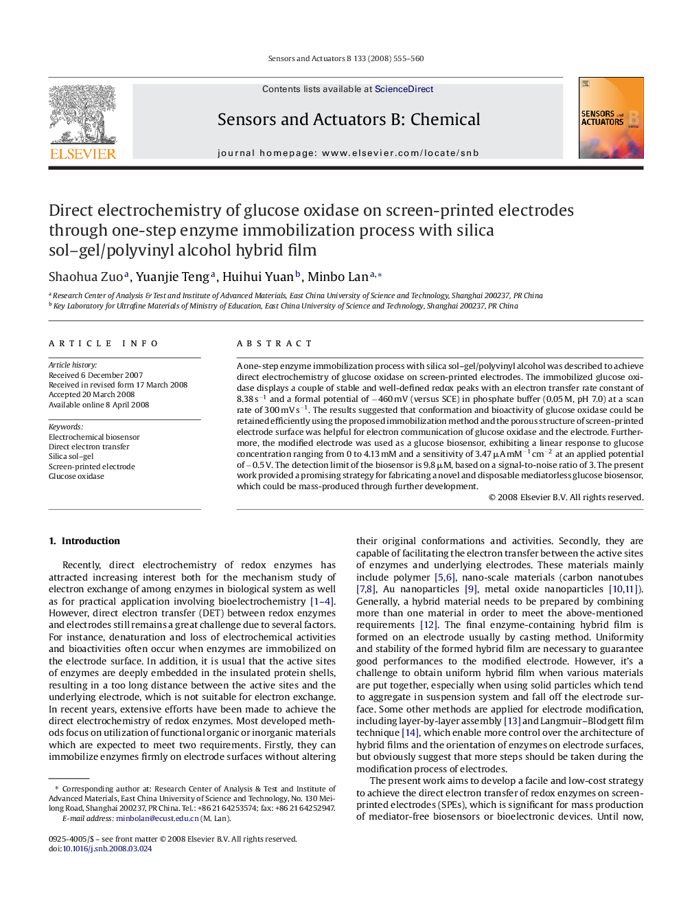 Direct electrochemistry of glucose oxidase on screen-printed electrodes through one-step enzyme immobilization process with silica sol–gel/polyvinyl alcohol hybrid film