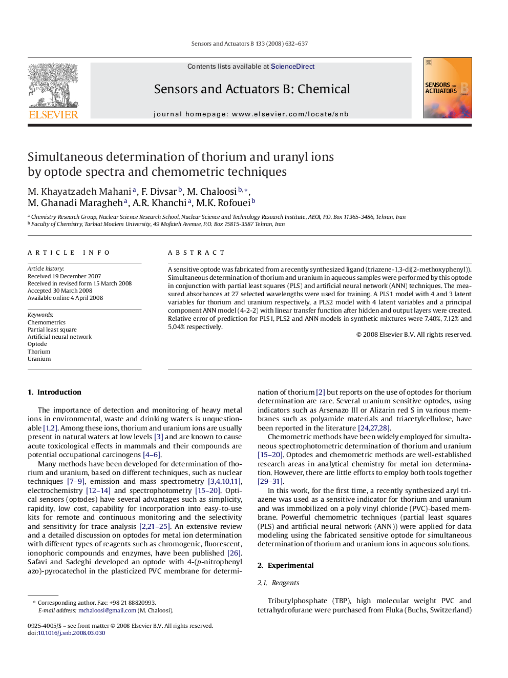 Simultaneous determination of thorium and uranyl ions by optode spectra and chemometric techniques