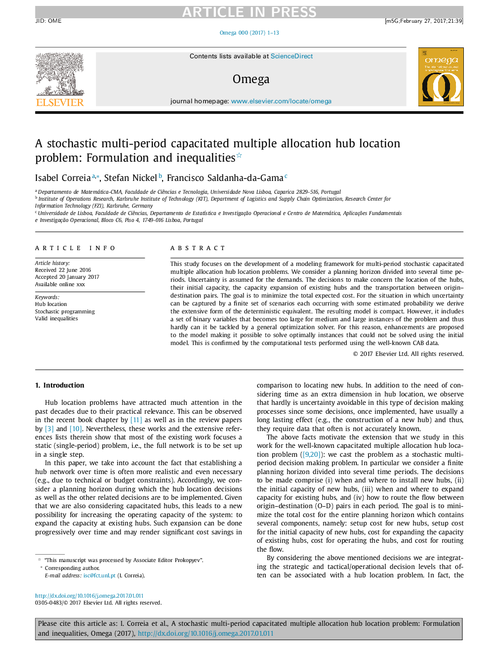 A stochastic multi-period capacitated multiple allocation hub location problem: Formulation and inequalities