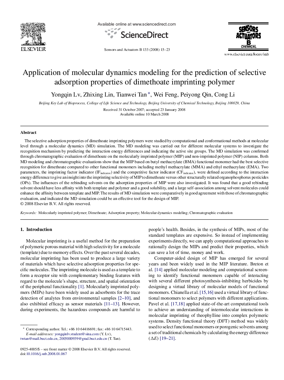 Application of molecular dynamics modeling for the prediction of selective adsorption properties of dimethoate imprinting polymer