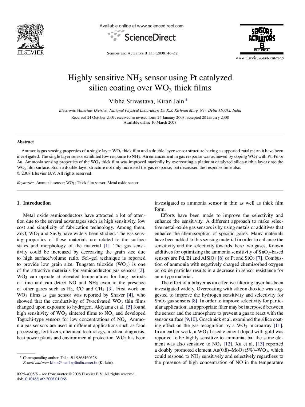 Highly sensitive NH3 sensor using Pt catalyzed silica coating over WO3 thick films