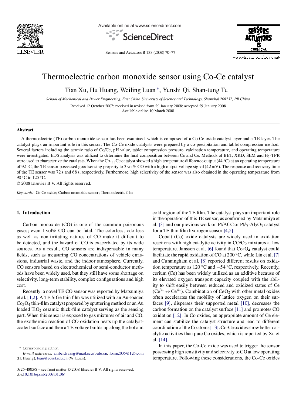 Thermoelectric carbon monoxide sensor using Co-Ce catalyst