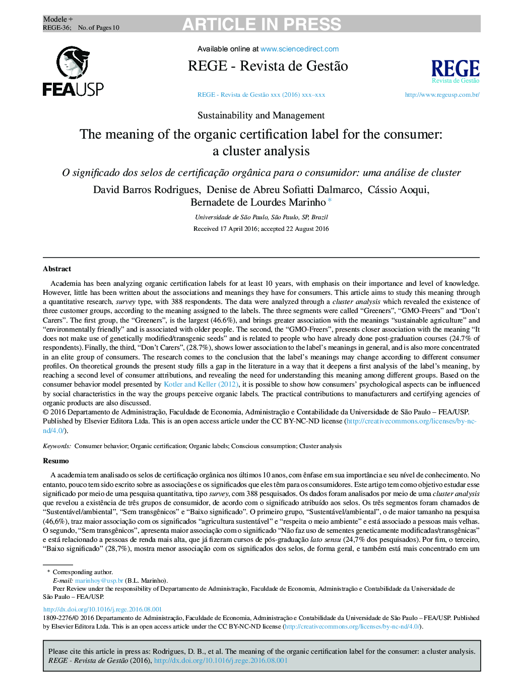 The meaning of the organic certification label for the consumer: a cluster analysis