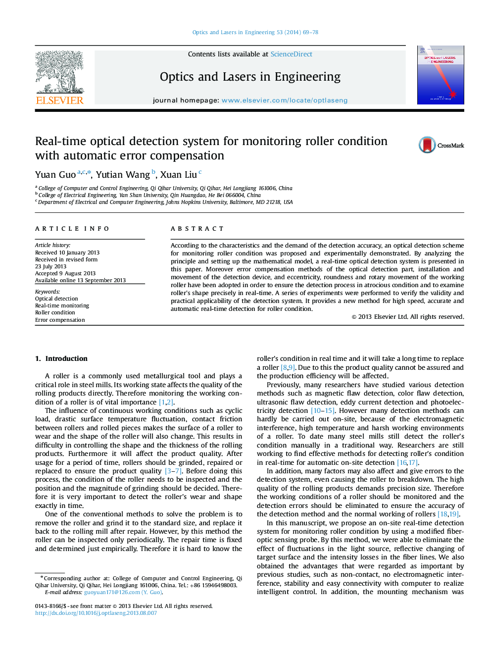 Real-time optical detection system for monitoring roller condition with automatic error compensation