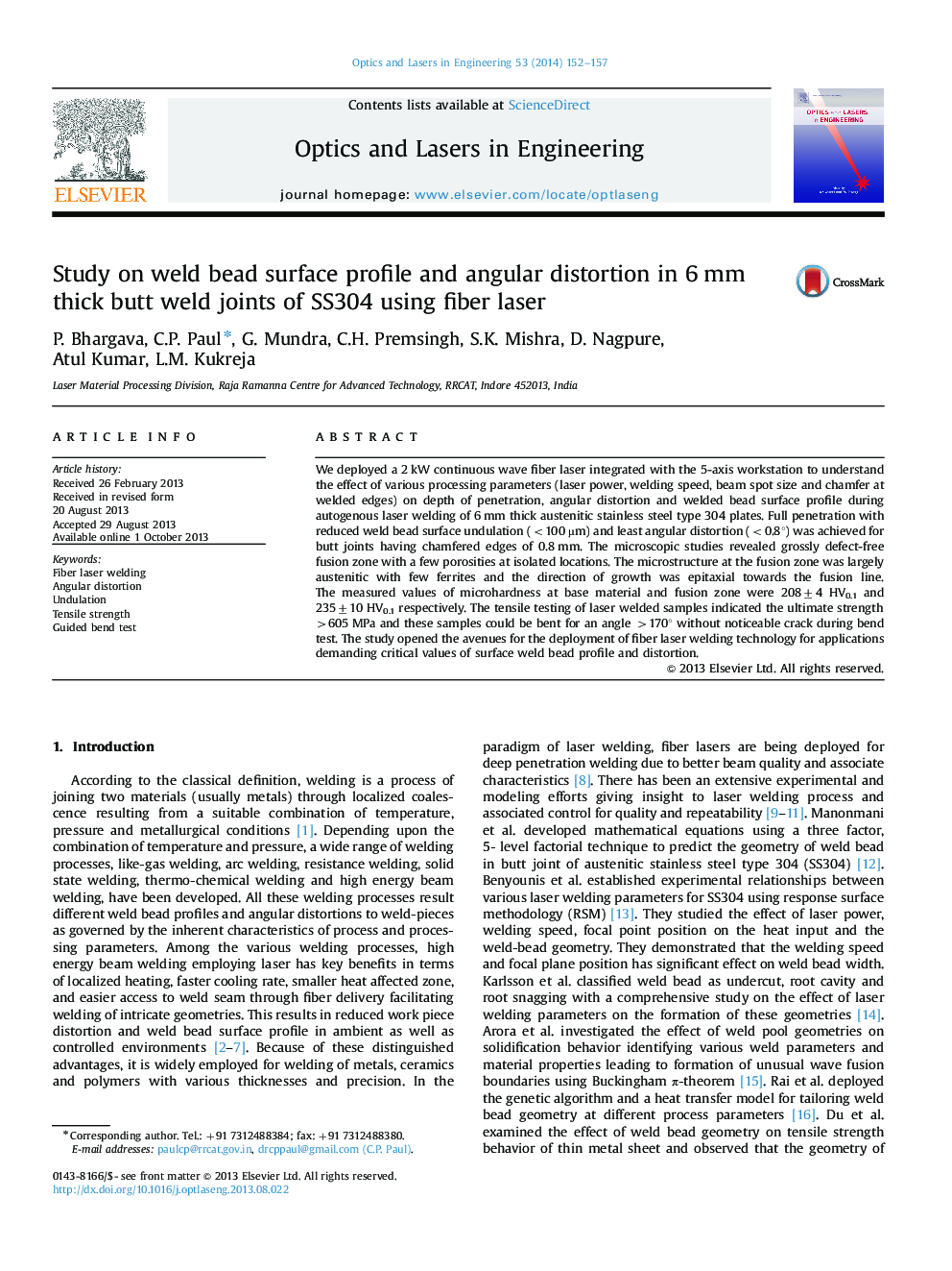 Study on weld bead surface profile and angular distortion in 6 mm thick butt weld joints of SS304 using fiber laser