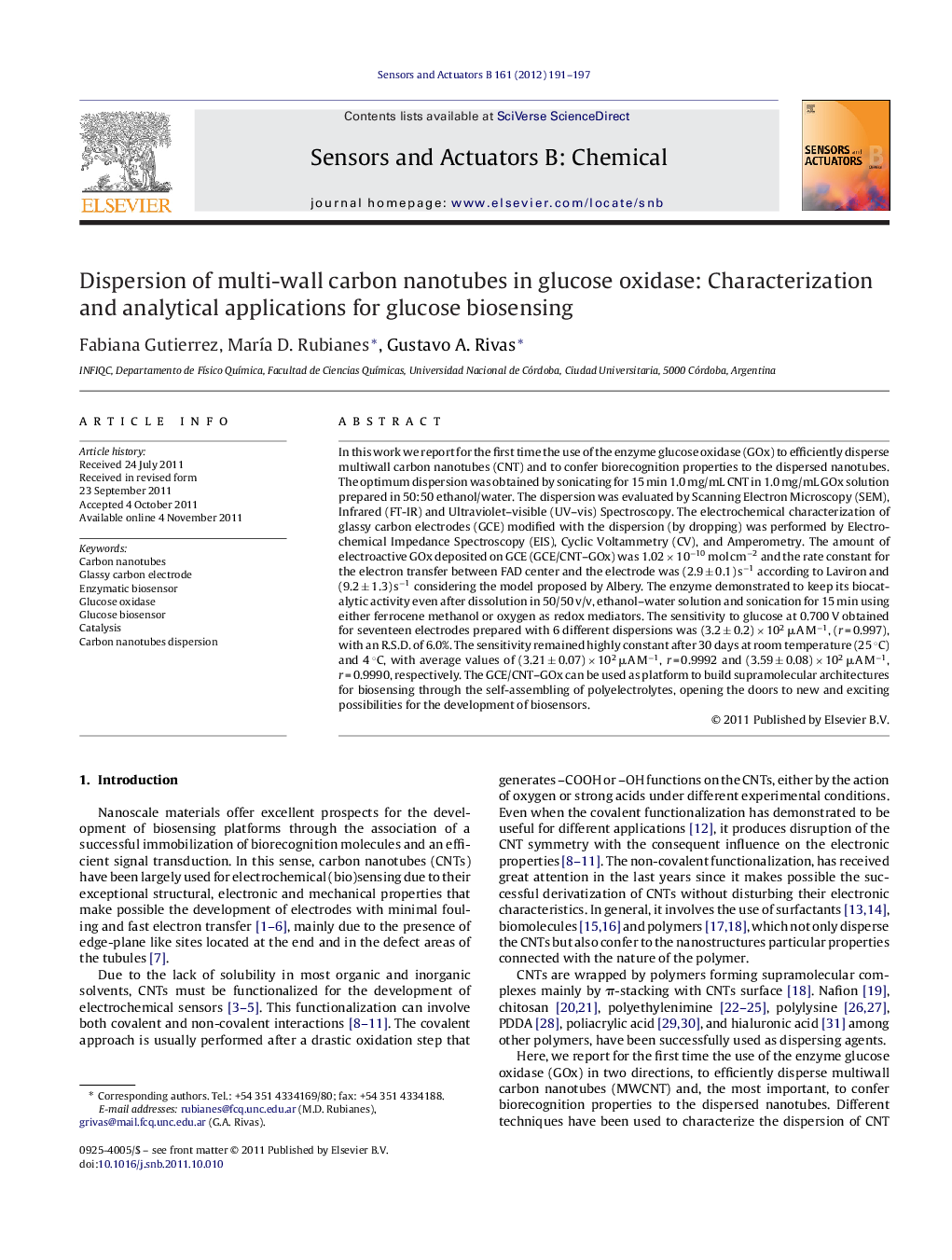 Dispersion of multi-wall carbon nanotubes in glucose oxidase: Characterization and analytical applications for glucose biosensing