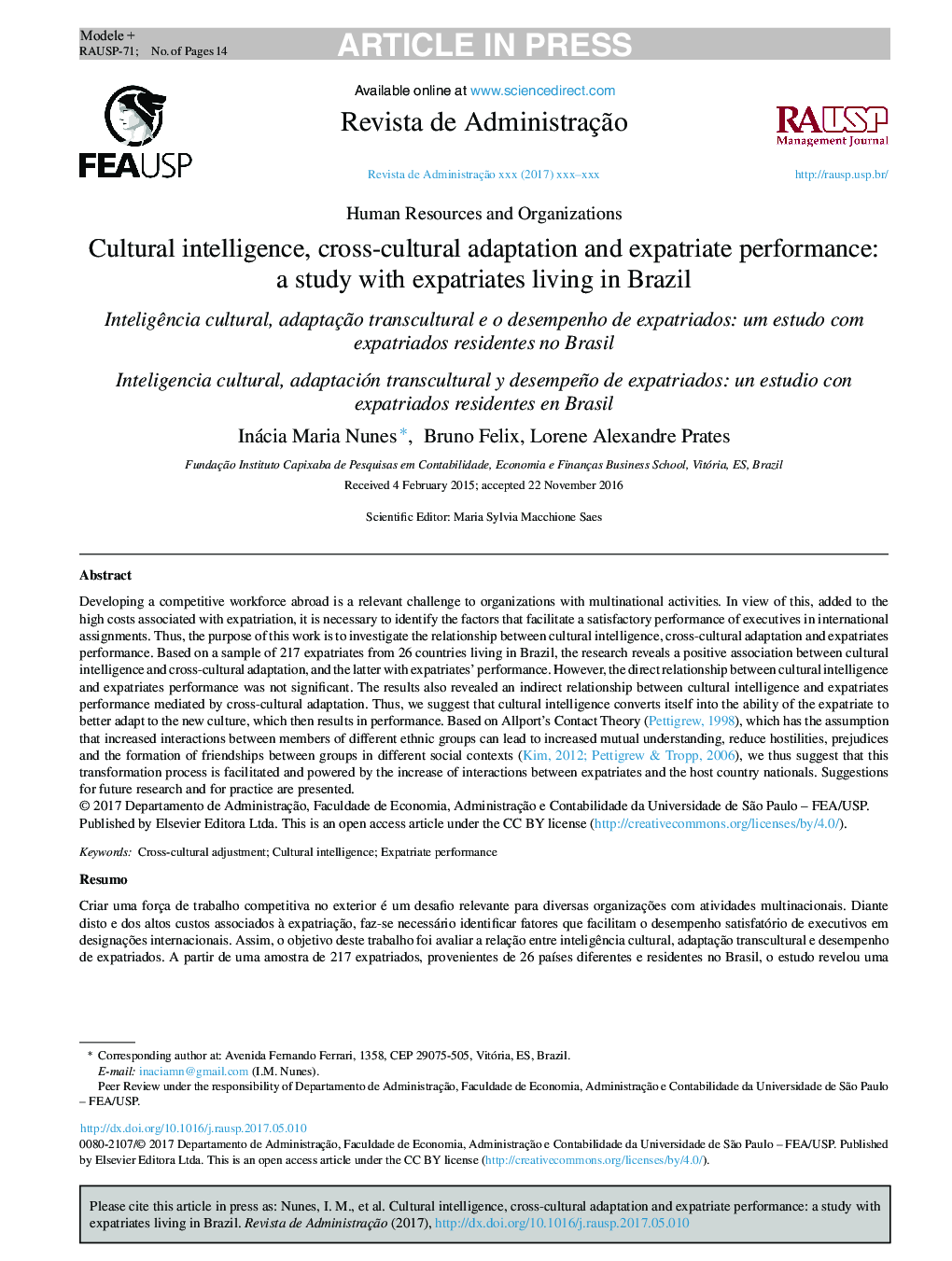 Cultural intelligence, cross-cultural adaptation and expatriate performance: a study with expatriates living in Brazil