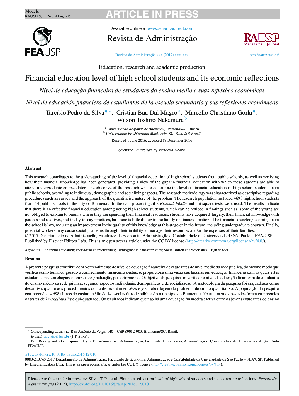 Financial education level of high school students and its economic reflections