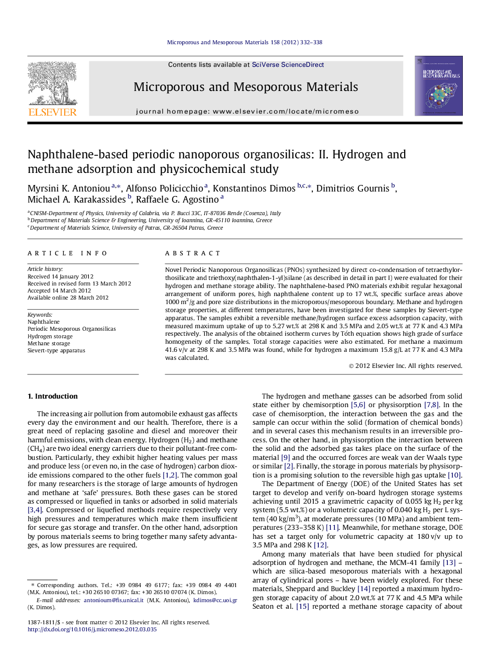 Naphthalene-based periodic nanoporous organosilicas: II. Hydrogen and methane adsorption and physicochemical study