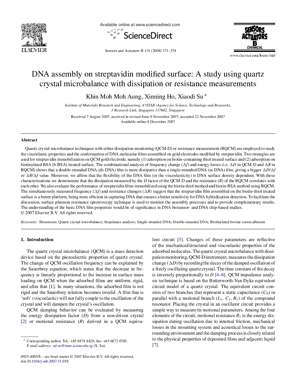 DNA assembly on streptavidin modified surface: A study using quartz crystal microbalance with dissipation or resistance measurements