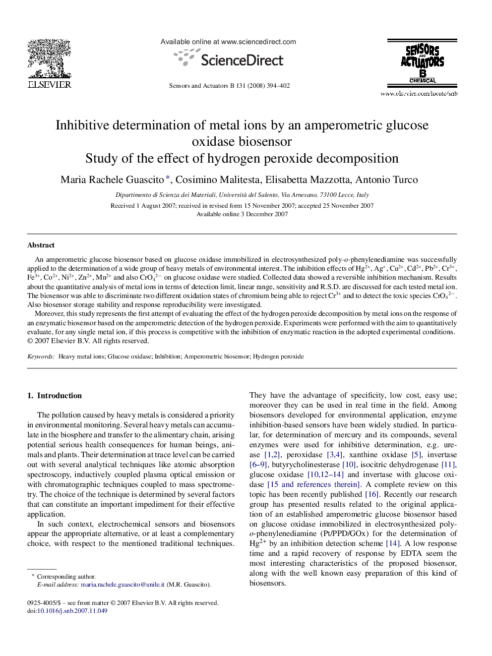 Inhibitive determination of metal ions by an amperometric glucose oxidase biosensor: Study of the effect of hydrogen peroxide decomposition