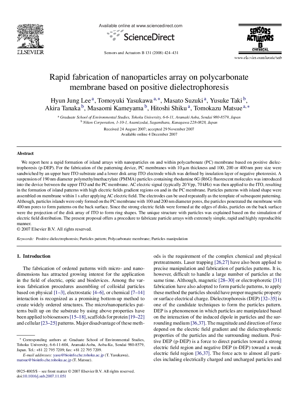 Rapid fabrication of nanoparticles array on polycarbonate membrane based on positive dielectrophoresis