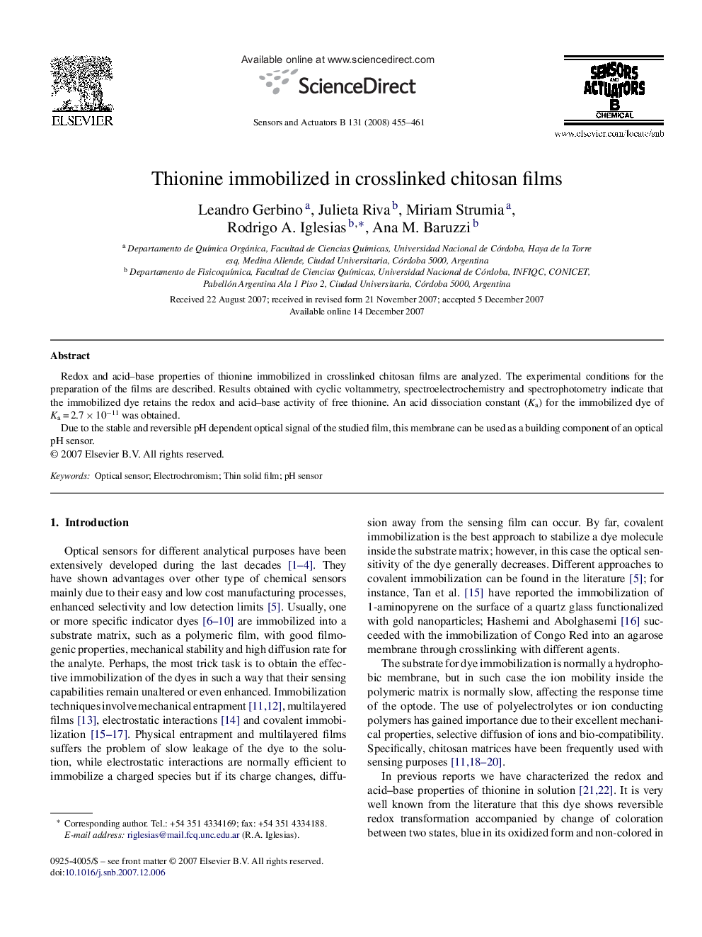 Thionine immobilized in crosslinked chitosan films