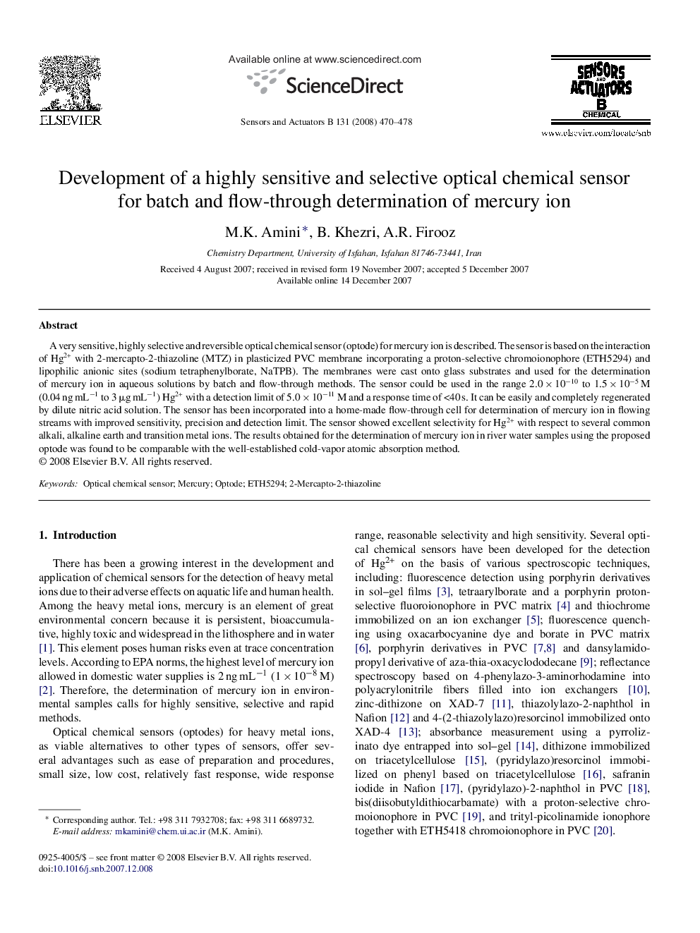 Development of a highly sensitive and selective optical chemical sensor for batch and flow-through determination of mercury ion