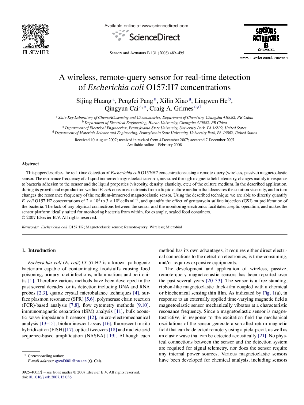 A wireless, remote-query sensor for real-time detection of Escherichia coli O157:H7 concentrations