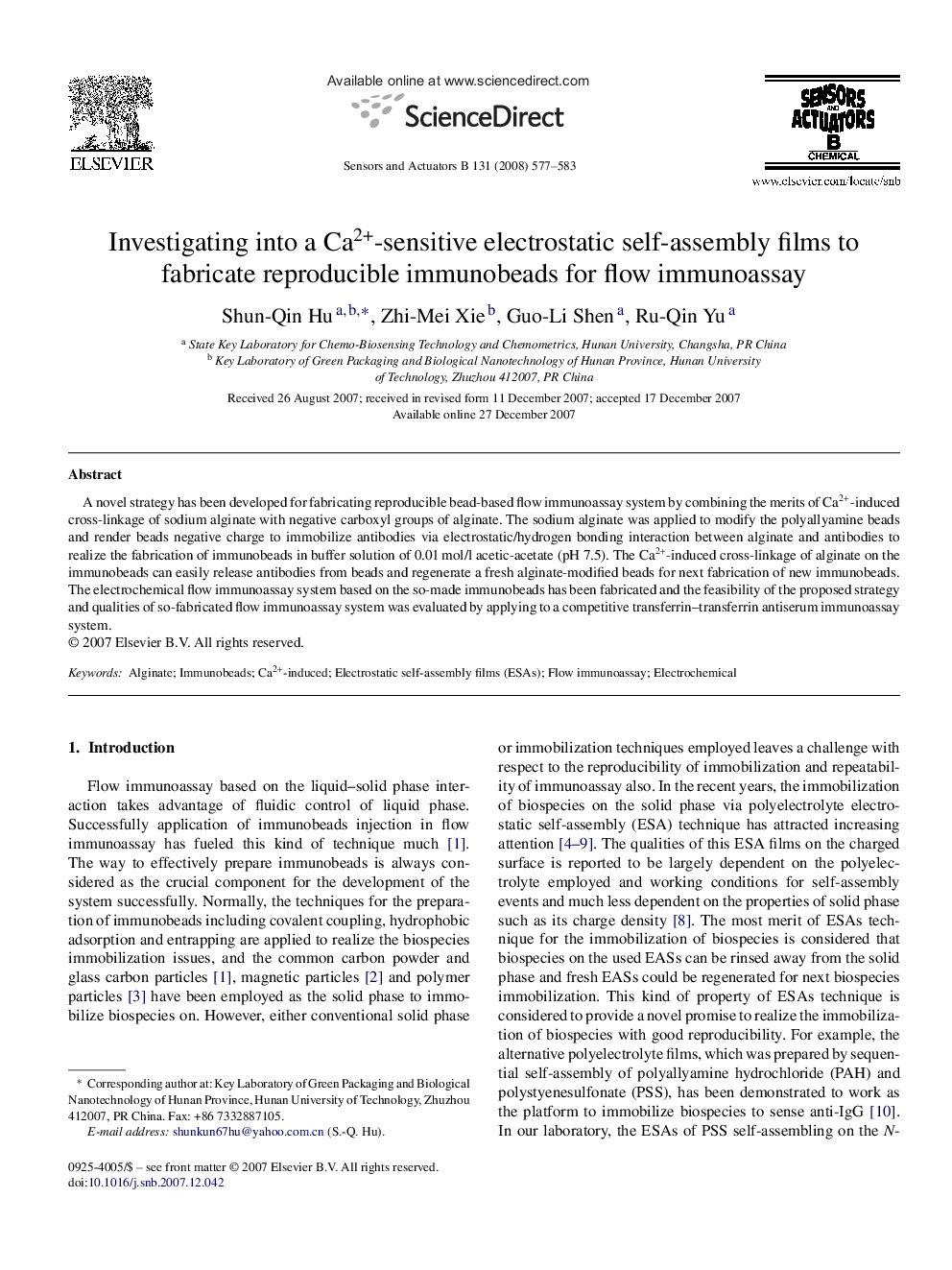 Investigating into a Ca2+-sensitive electrostatic self-assembly films to fabricate reproducible immunobeads for flow immunoassay