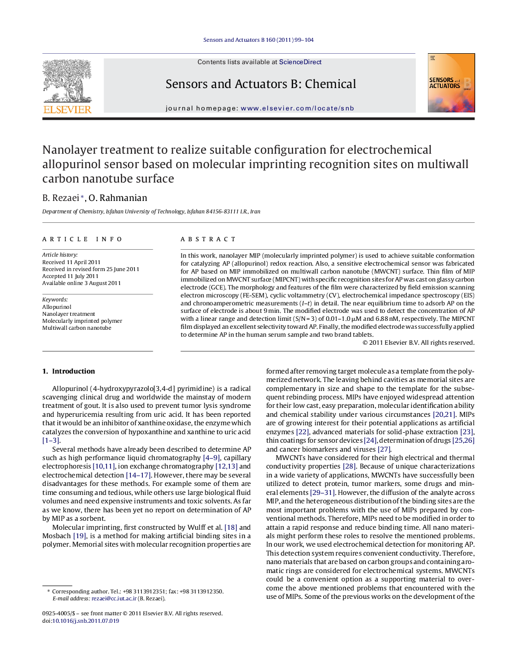 عکس صفحه اول مقاله: Nanolayer treatment to realize suitable configuration for electrochemical allopurinol sensor based on molecular imprinting recognition sites on multiwall carbon nanotube surface Nanolayer treatment to realize suitable configuration for electrochemical allopurinol sensor based on molecular imprinting recognition sites on multiwall carbon nanotube surface
