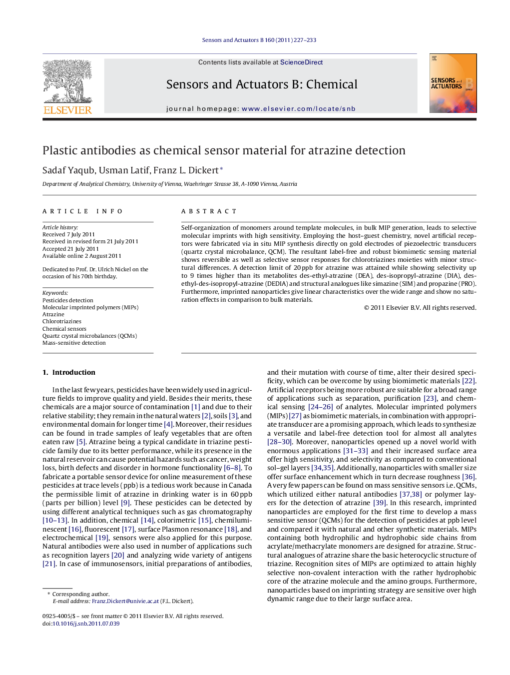 Plastic antibodies as chemical sensor material for atrazine detection