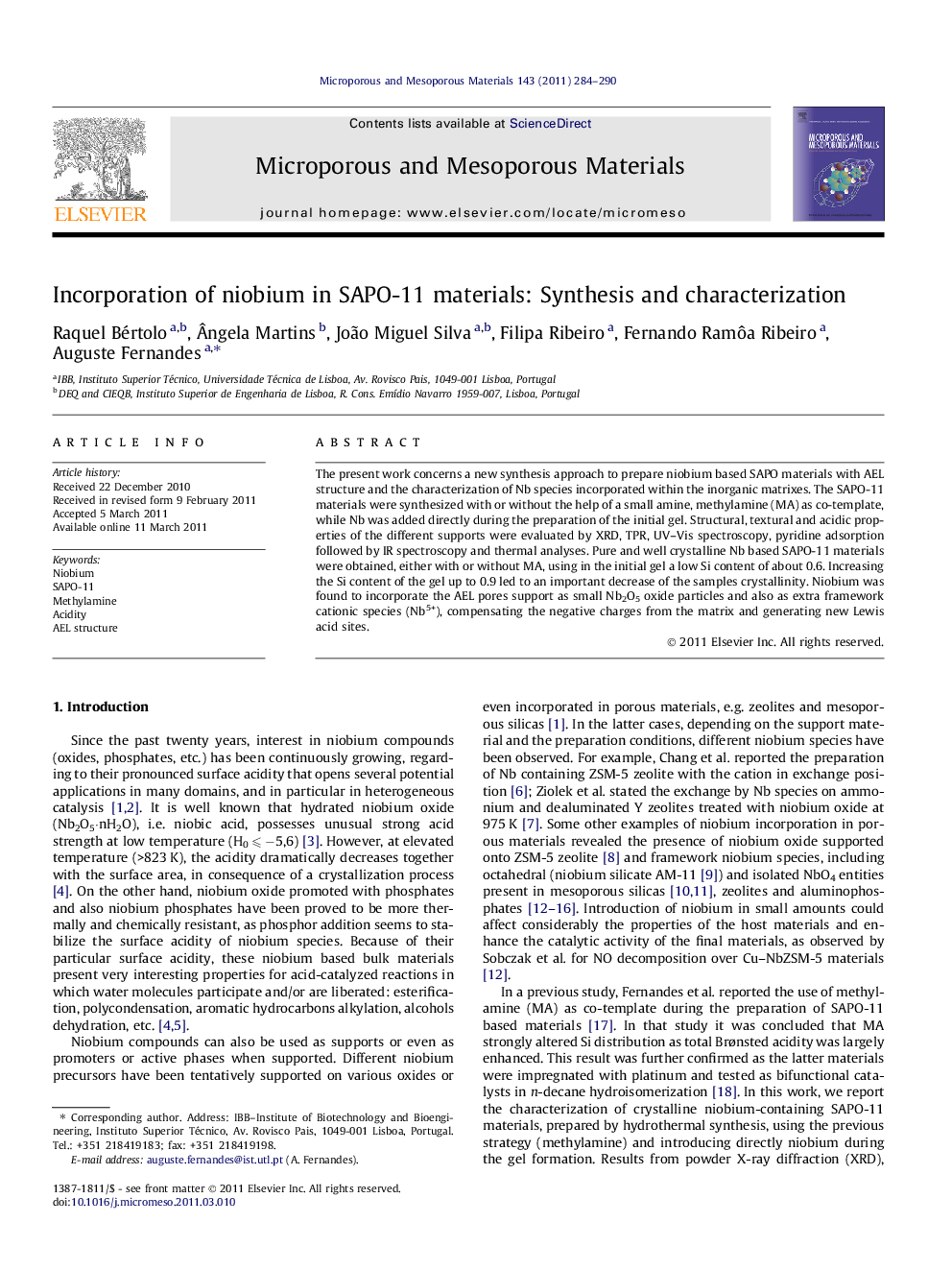 عکس صفحه اول مقاله: Incorporation of niobium in SAPO-11 materials: Synthesis and characterization Incorporation of niobium in SAPO-11 materials: Synthesis and characterization