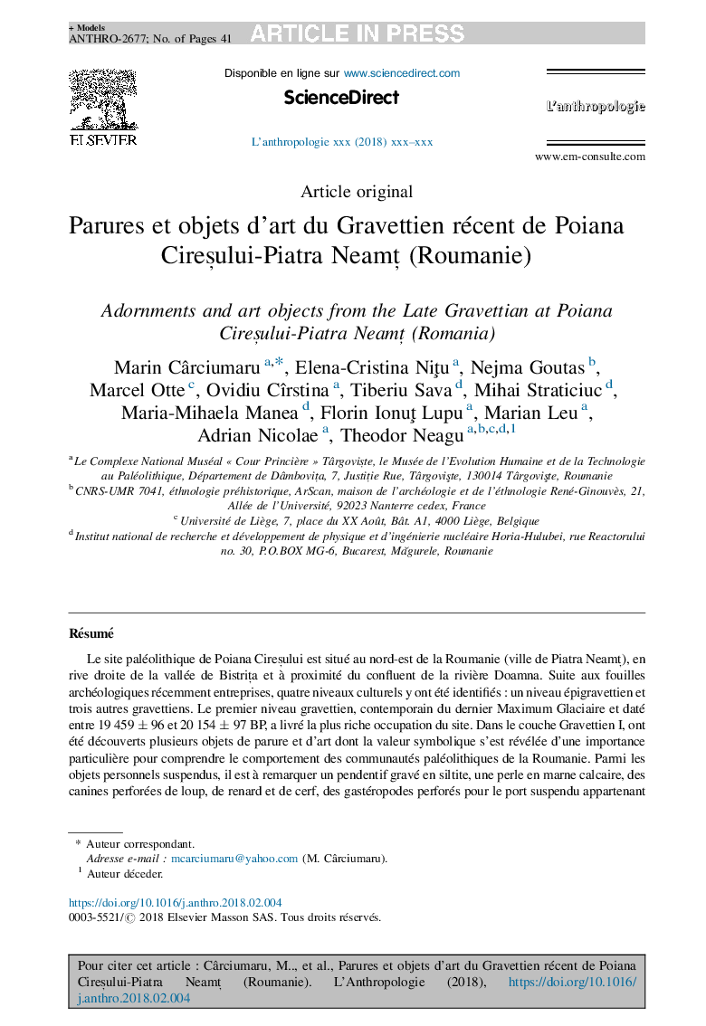 Parures et objets d'art du Gravettien récent de Poiana CireÈului-Piatra NeamÈ (Roumanie)