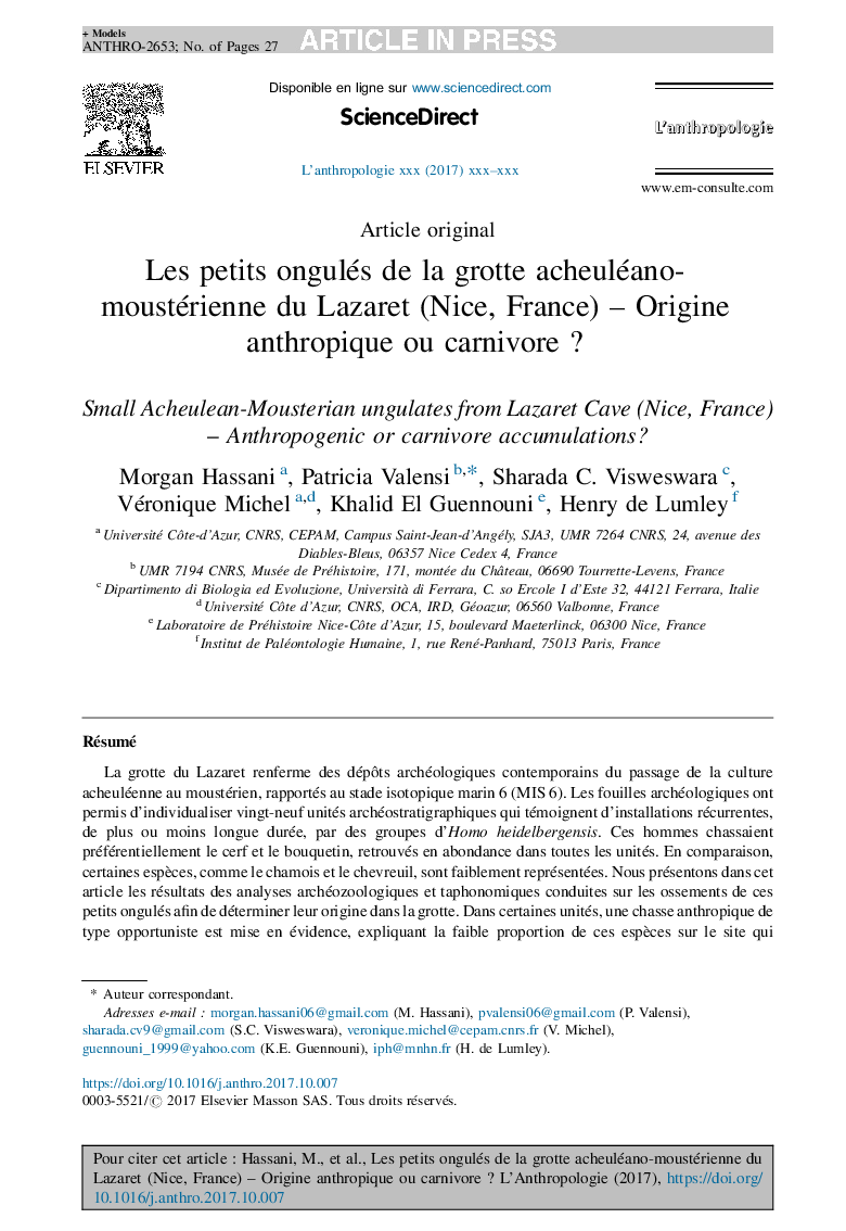 Les petits ongulés de la grotte acheuléano-moustérienne du Lazaret (Nice, France) -Â Origine anthropique ou carnivoreÂ ?