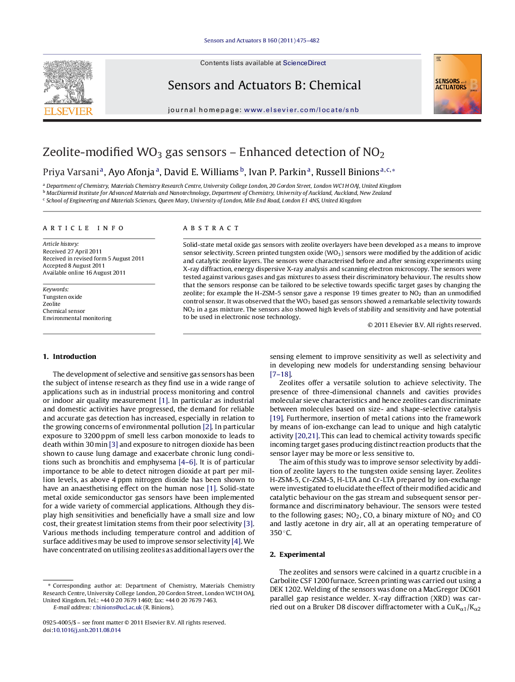 عکس صفحه اول مقاله: Zeolite-modified WO3 gas sensors – Enhanced detection of NO2 Zeolite-modified WO3 gas sensors – Enhanced detection of NO2