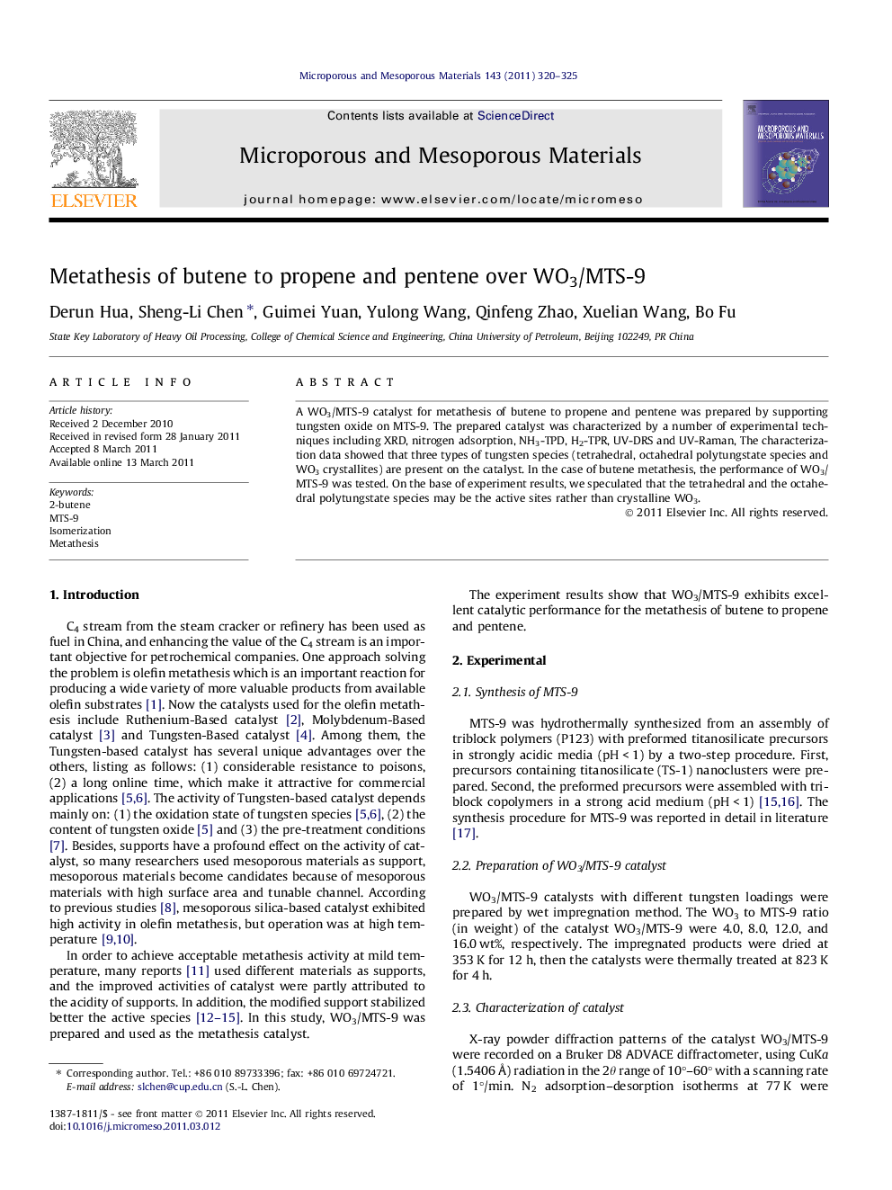 Metathesis of butene to propene and pentene over WO3/MTS-9