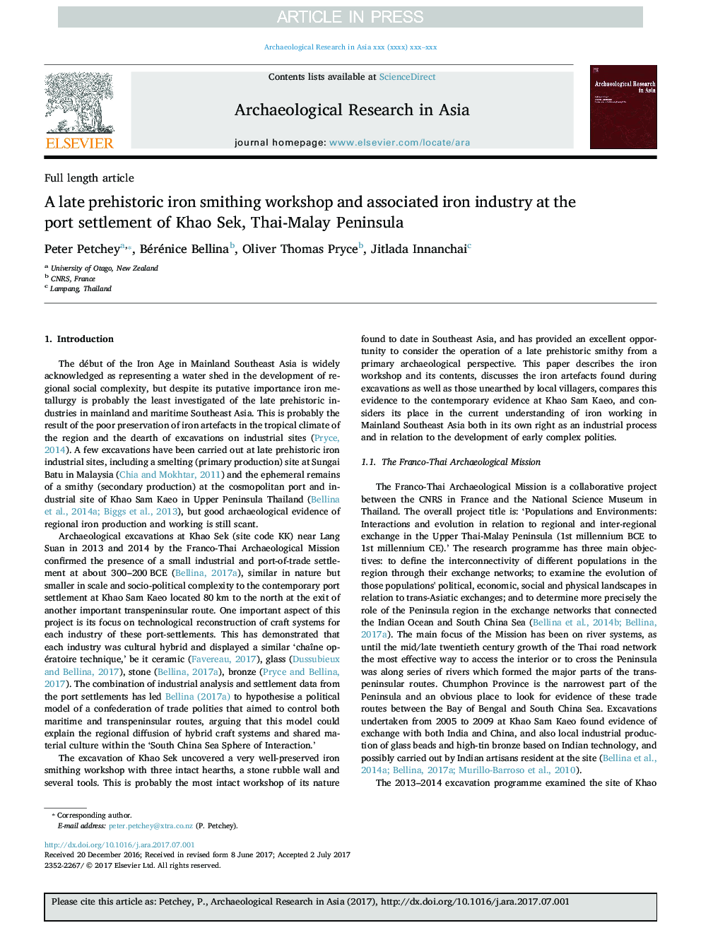 A late prehistoric iron smithing workshop and associated iron industry at the port settlement of Khao Sek, Thai-Malay Peninsula