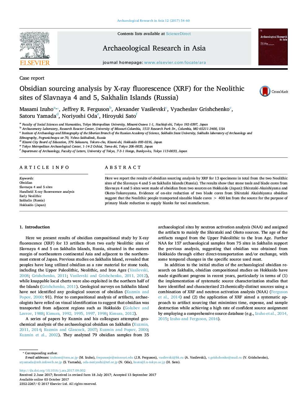 Obsidian sourcing analysis by X-ray fluorescence (XRF) for the Neolithic sites of Slavnaya 4 and 5, Sakhalin Islands (Russia)