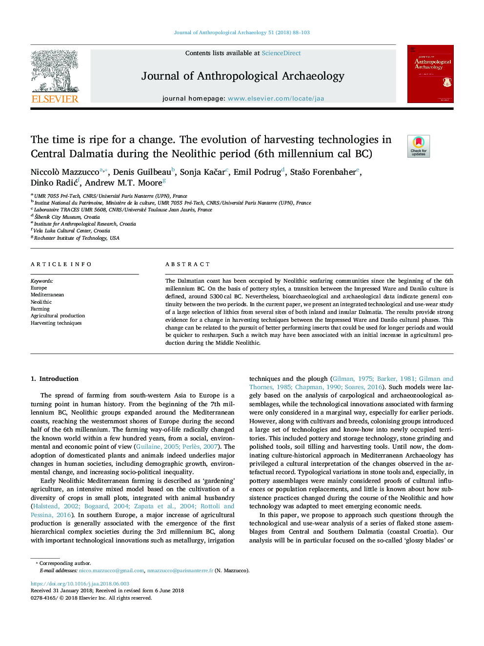 The time is ripe for a change. The evolution of harvesting technologies in Central Dalmatia during the Neolithic period (6th millennium cal BC)