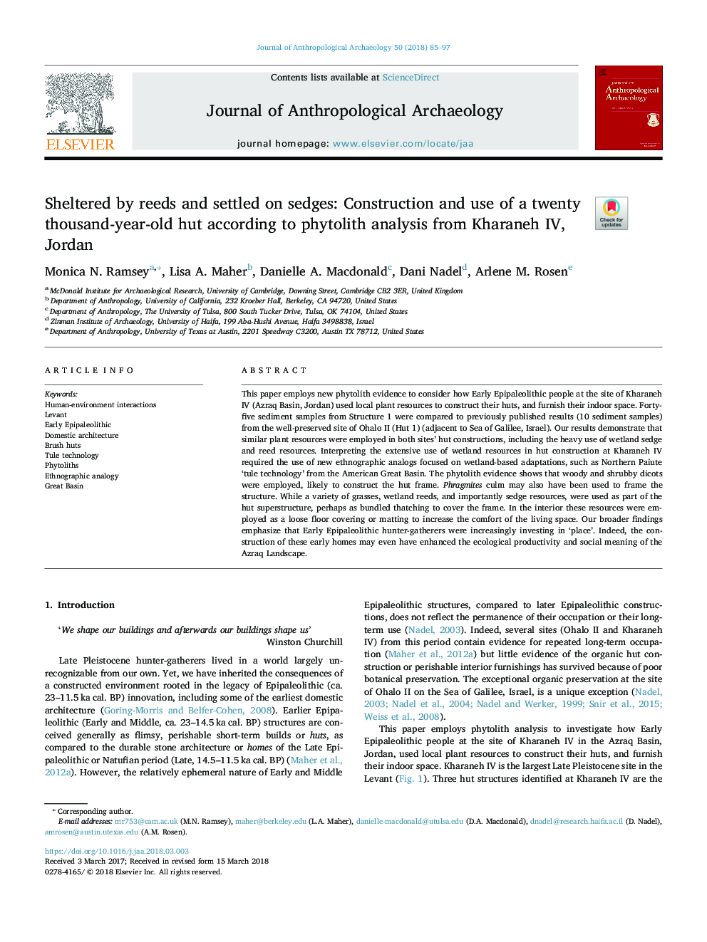 Sheltered by reeds and settled on sedges: Construction and use of a twenty thousand-year-old hut according to phytolith analysis from Kharaneh IV, Jordan