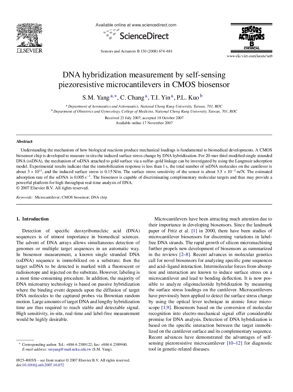 DNA hybridization measurement by self-sensing piezoresistive microcantilevers in CMOS biosensor