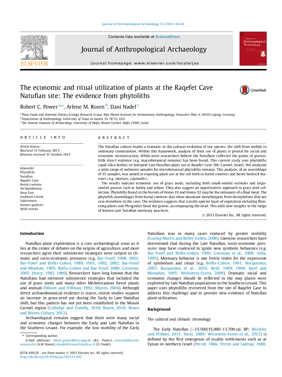 The economic and ritual utilization of plants at the Raqefet Cave Natufian site: The evidence from phytoliths