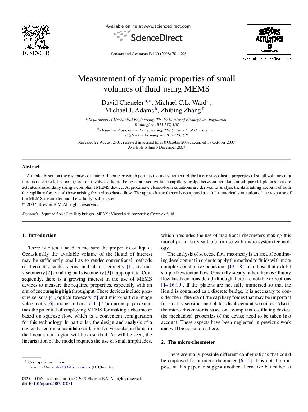 Measurement of dynamic properties of small volumes of fluid using MEMS