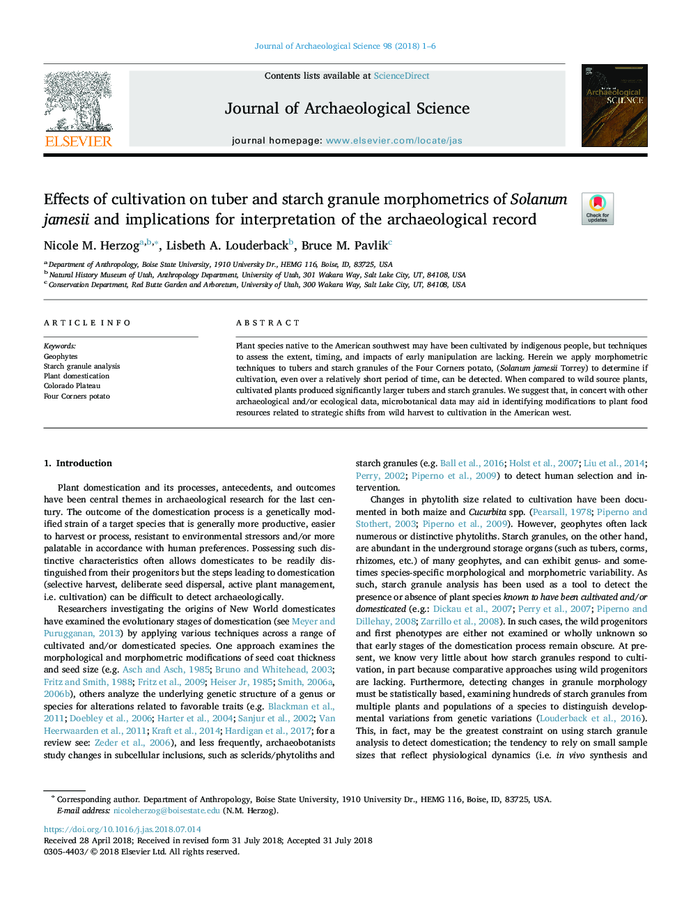 Effects of cultivation on tuber and starch granule morphometrics of Solanum jamesii and implications for interpretation of the archaeological record