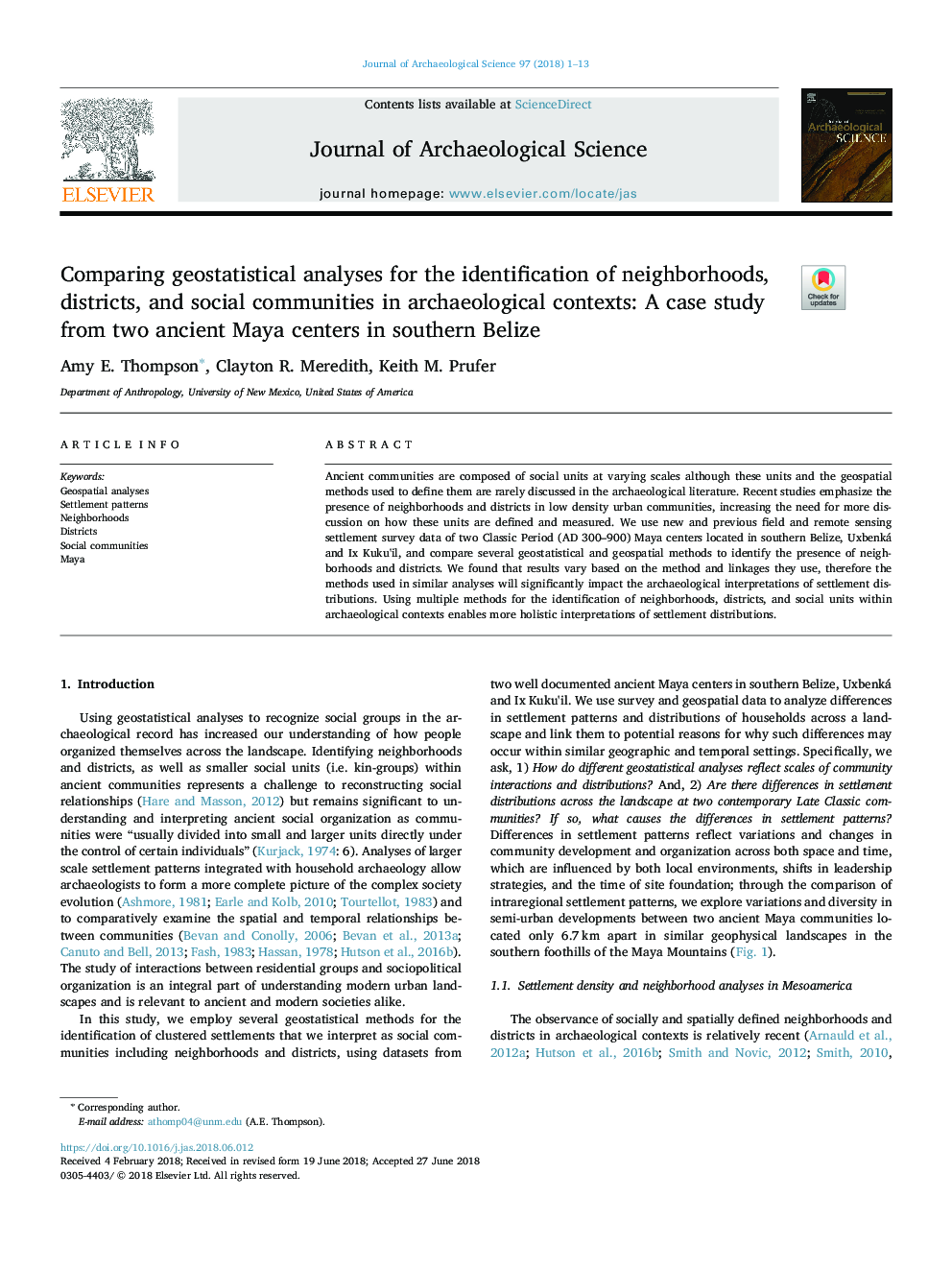 Comparing geostatistical analyses for the identification of neighborhoods, districts, and social communities in archaeological contexts: A case study from two ancient Maya centers in southern Belize