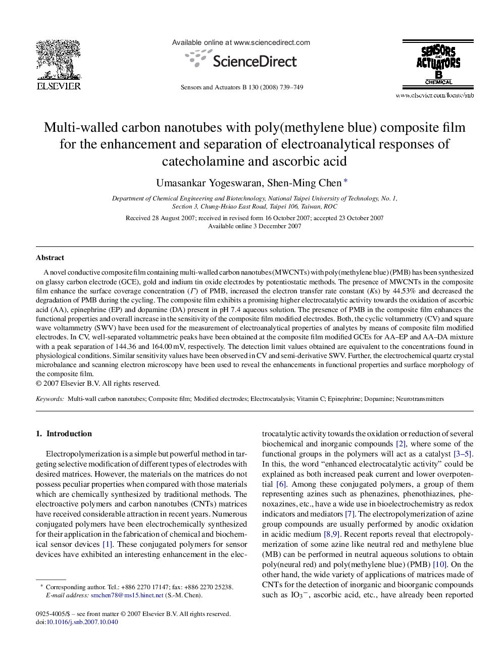 Multi-walled carbon nanotubes with poly(methylene blue) composite film for the enhancement and separation of electroanalytical responses of catecholamine and ascorbic acid