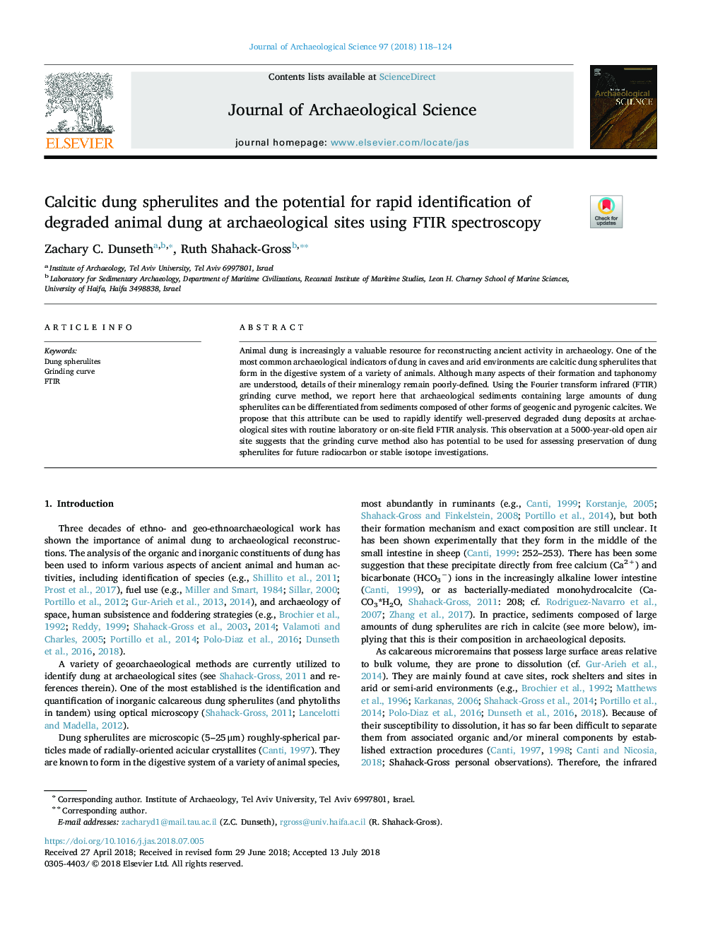 Calcitic dung spherulites and the potential for rapid identification of degraded animal dung at archaeological sites using FTIR spectroscopy