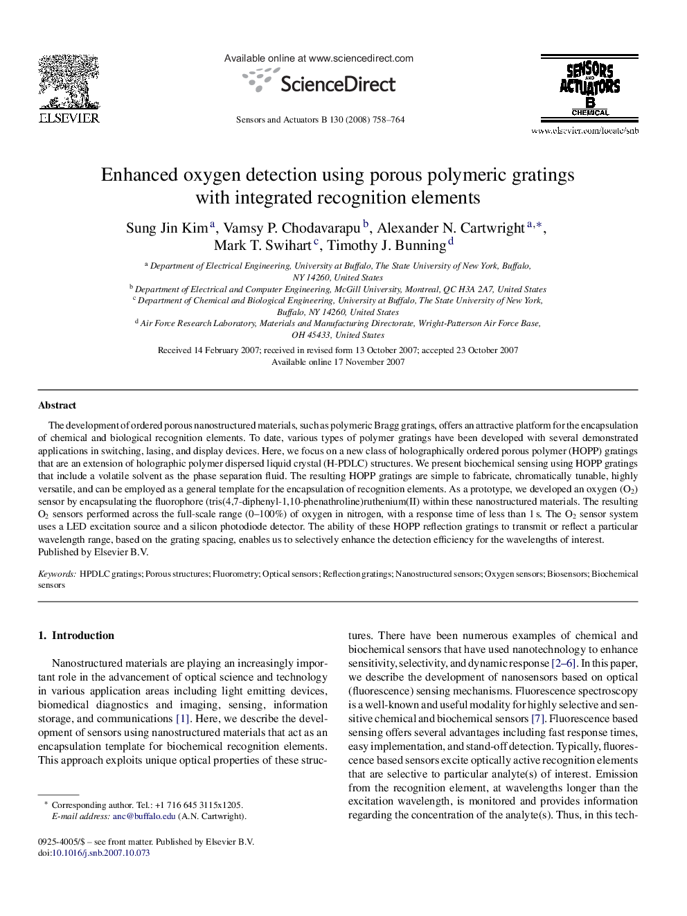 Enhanced oxygen detection using porous polymeric gratings with integrated recognition elements