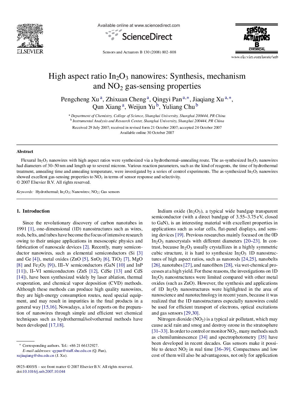 High aspect ratio In2O3 nanowires: Synthesis, mechanism and NO2 gas-sensing properties