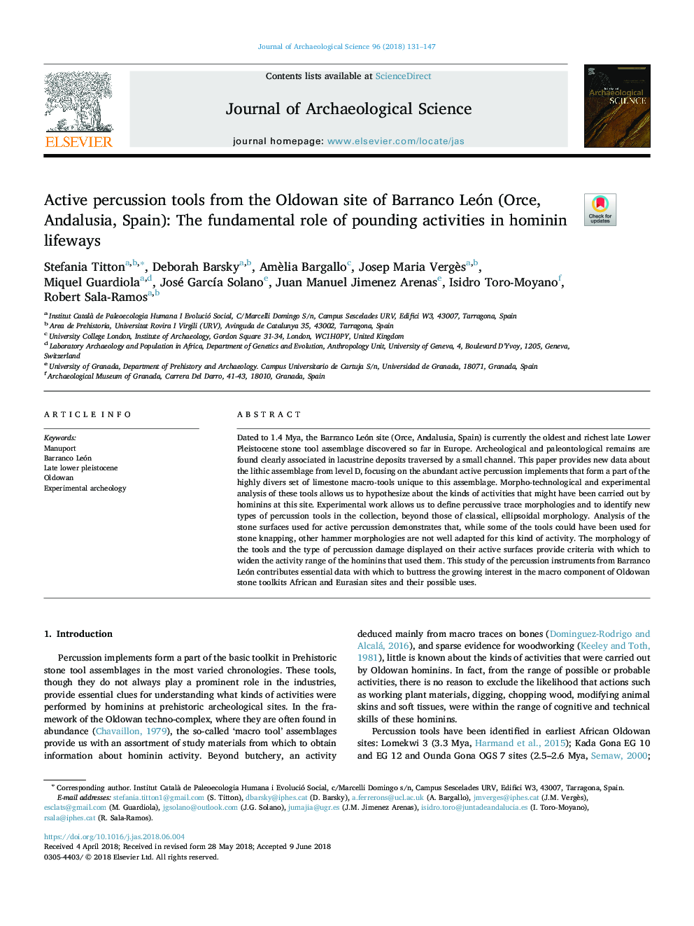 Active percussion tools from the Oldowan site of Barranco León (Orce, Andalusia, Spain): The fundamental role of pounding activities in hominin lifeways