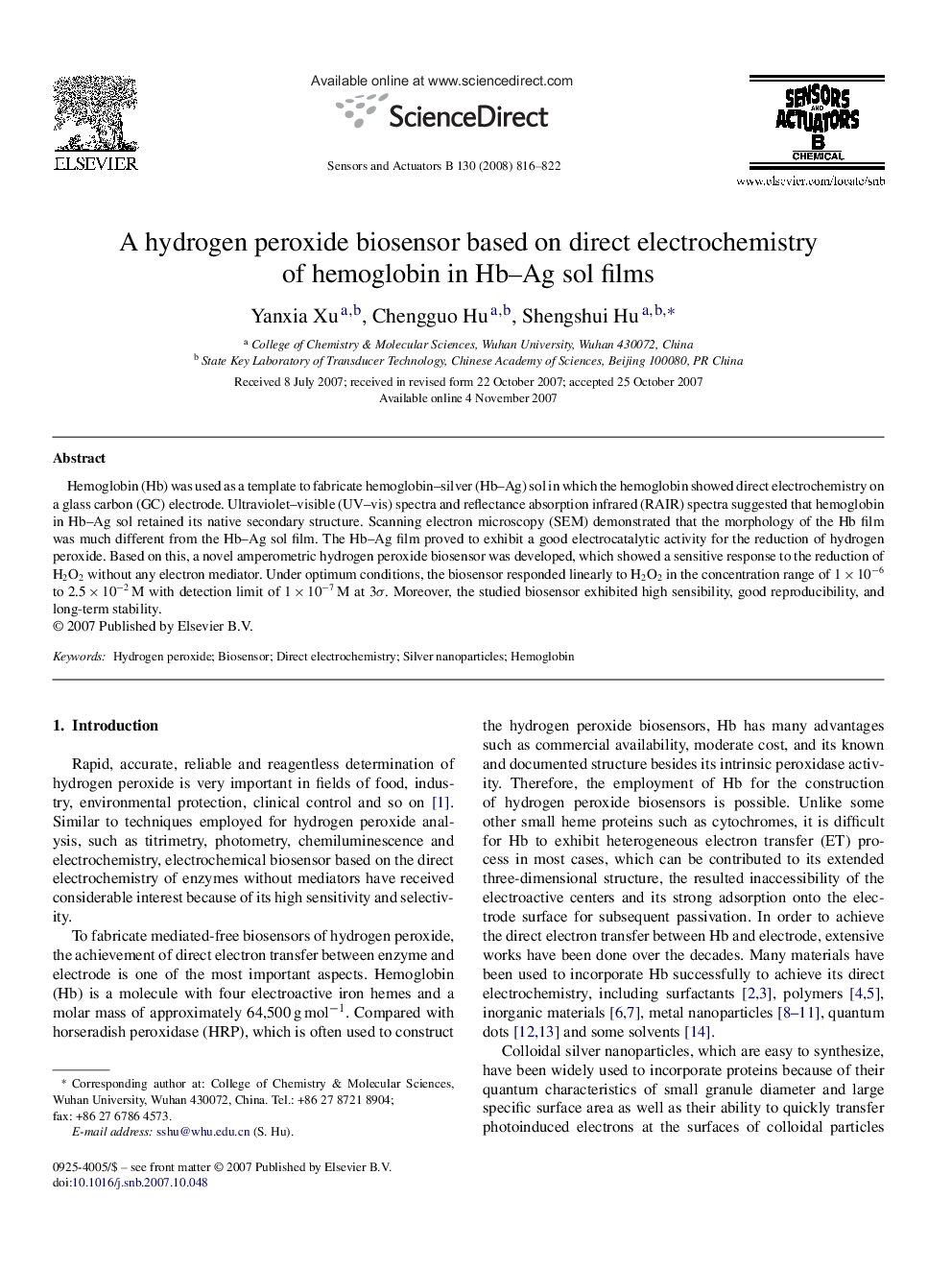 A hydrogen peroxide biosensor based on direct electrochemistry of hemoglobin in Hb–Ag sol films