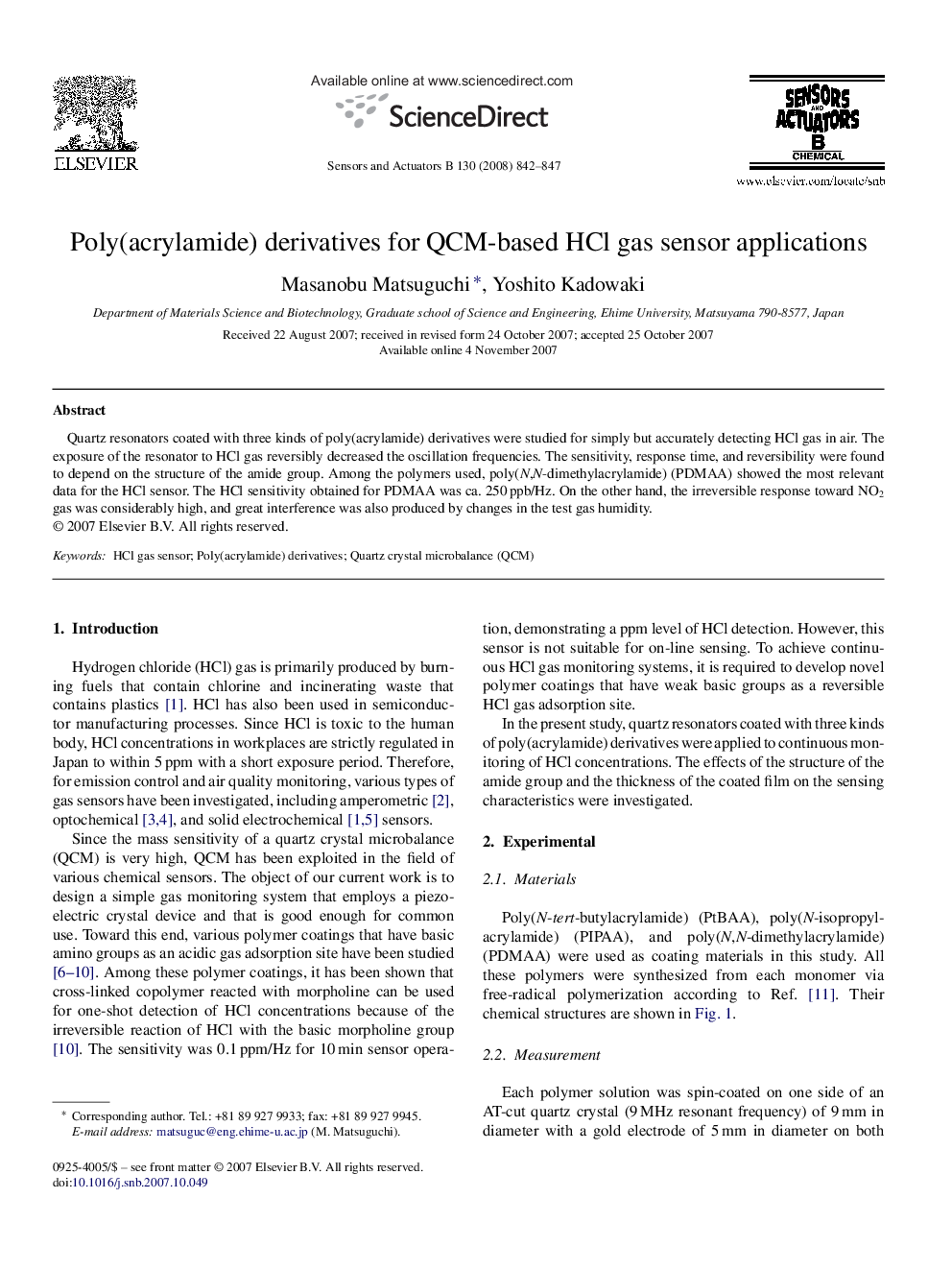 Poly(acrylamide) derivatives for QCM-based HCl gas sensor applications